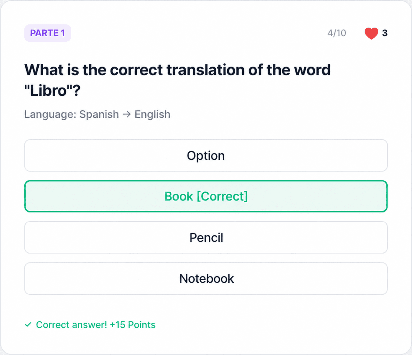 Example of a DicQuiz quiz: the correct translation of "Libro" is "Book". The illustration shows a correct answer and the user's progress through the quiz.